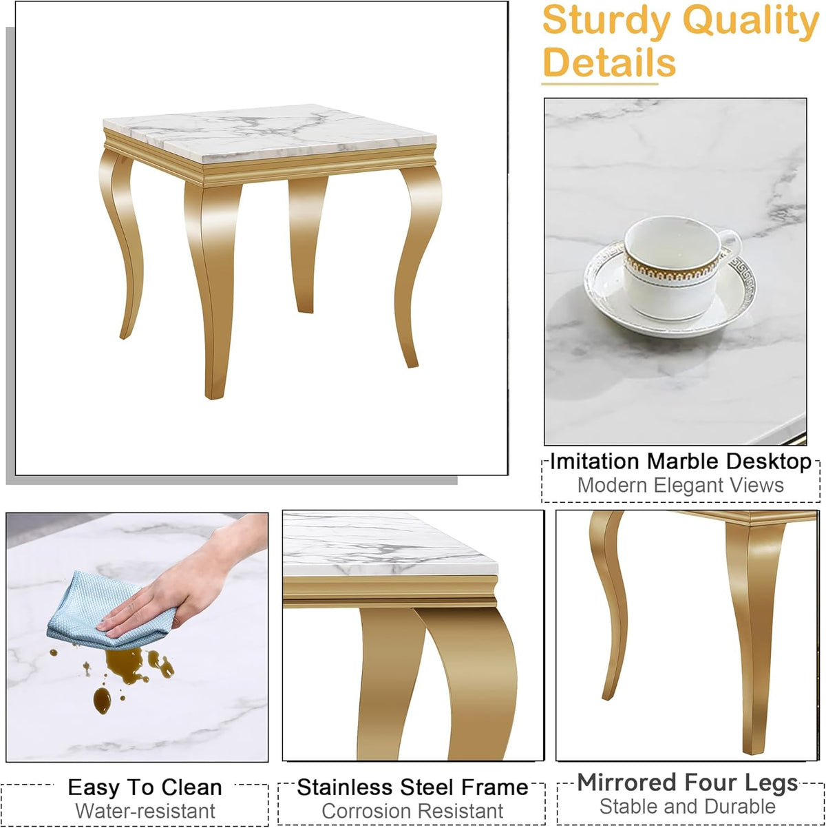 Marble End Table, Modern White Faux Marble Sofa Side Table with Gold Stainless Steel Legs, Luxury Sqaure Accent Side Table Bedside Table Nightstand for Living Room Bedroom Office