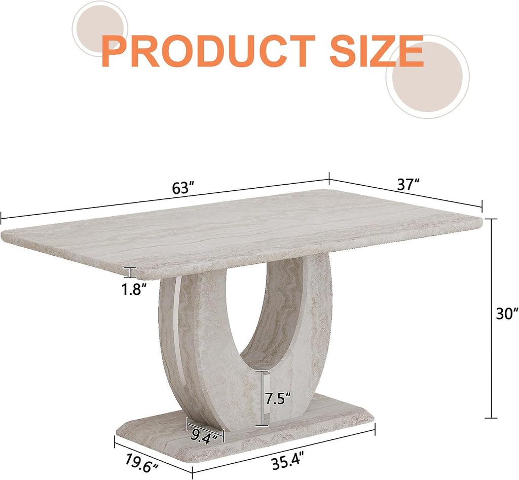 63" Faux Marble Dining Table for 4–6, Modern Rectangular Kitchen Table with U-Shaped Base, Marble Look Dinner Table for Kitchen, Dining Room, Apartment