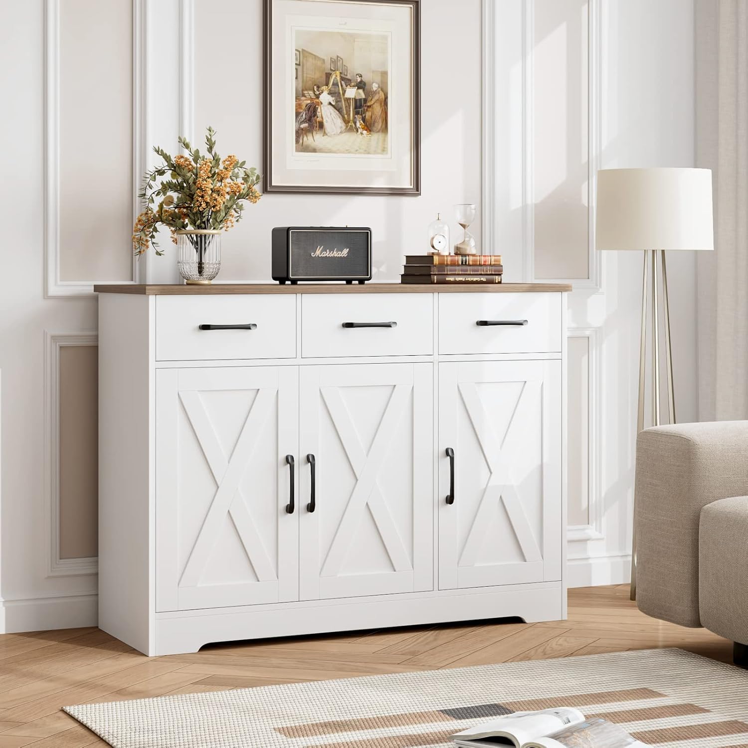 HOSTACK Kitchen Buffet Cabinet with Storage, Sideboard Coffee Bar, White | Farmhouse Kitchen Storage Cabinet with 3 Drawers & Adjustable Shelf, 42.5"W Buffet Table for Dining Living Room