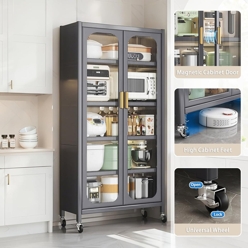 Spaco 65" Kitchen Pantry Storage Cabinet,5 Tiers Food Pantry Cabinet with Adjustable Shelves & Transparent Door,Metal Display Storage Cabinet on Wheels for Kitchen,Living Room and Dining Room. (Grey)