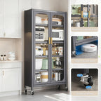 Spaco 65" Kitchen Pantry Storage Cabinet,5 Tiers Food Pantry Cabinet with Adjustable Shelves & Transparent Door,Metal Display Storage Cabinet on Wheels for Kitchen,Living Room and Dining Room. (Grey)
