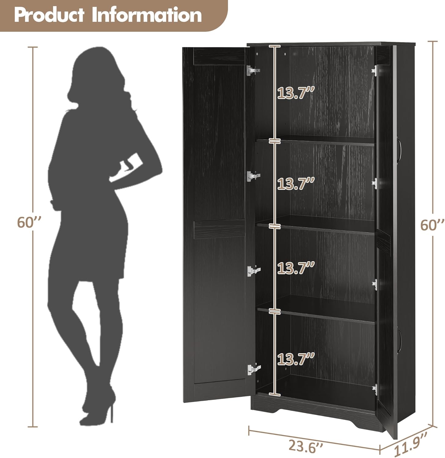 GarveeLife Tall Pantry Cabinet with Adjustable Shelves, 60" Freestanding Kitchen Pantry Storage Cabinet with Anti-Tip Device, MDF Cupboard for Kitchen, Bathroom, Living Room, Black