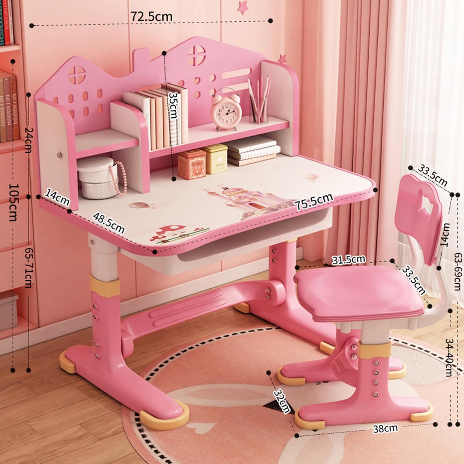 Kids Desk and Chair Set, Height Adjustable Kids Desk with Storage Drawers and Bookshelf, Ergonomic Table for Kid (Pink)
