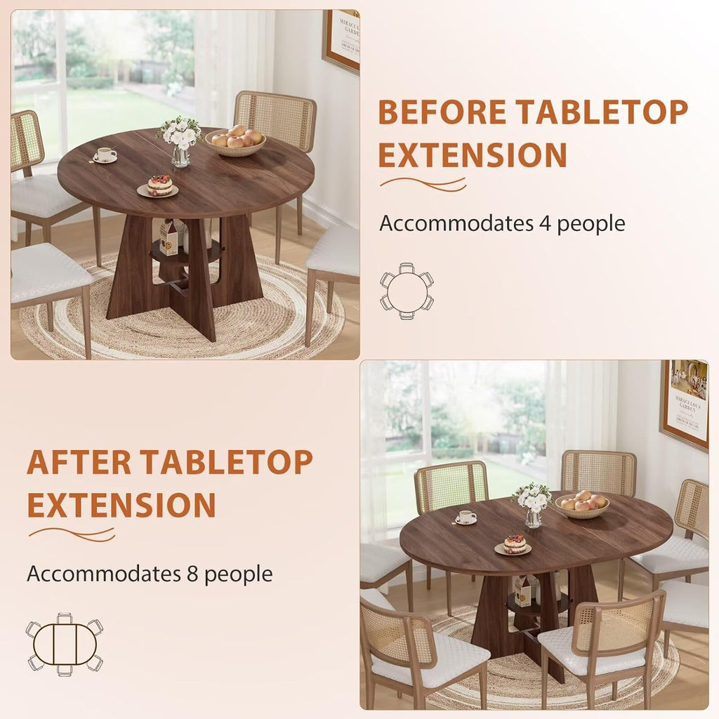 Extendable Round Dining Table for 4-8, 43.3in-59in Modern Kitchen Dining Table with Storage Shelf, Oval Dinner Table, Dining Room for Dining Living Room, Easy Assembly