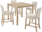RuiSiSi 5-Piece Counter Height Dining Table Set, Square Dining Table White with 4 Upholstered Chairs, Solid Wood Kitchen Table and Chairs Set for Kitchen, Light Oak + Beige
