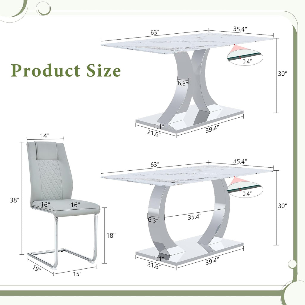 Modern Dining Table Set for 6,63'' Dining Room Table Set for 6 with Chairs,Rectangular Kitchen Table with Faux Marble Tabletop and DIY Chrome Legs,Glass Dining Table Set Ideal for Dining Room