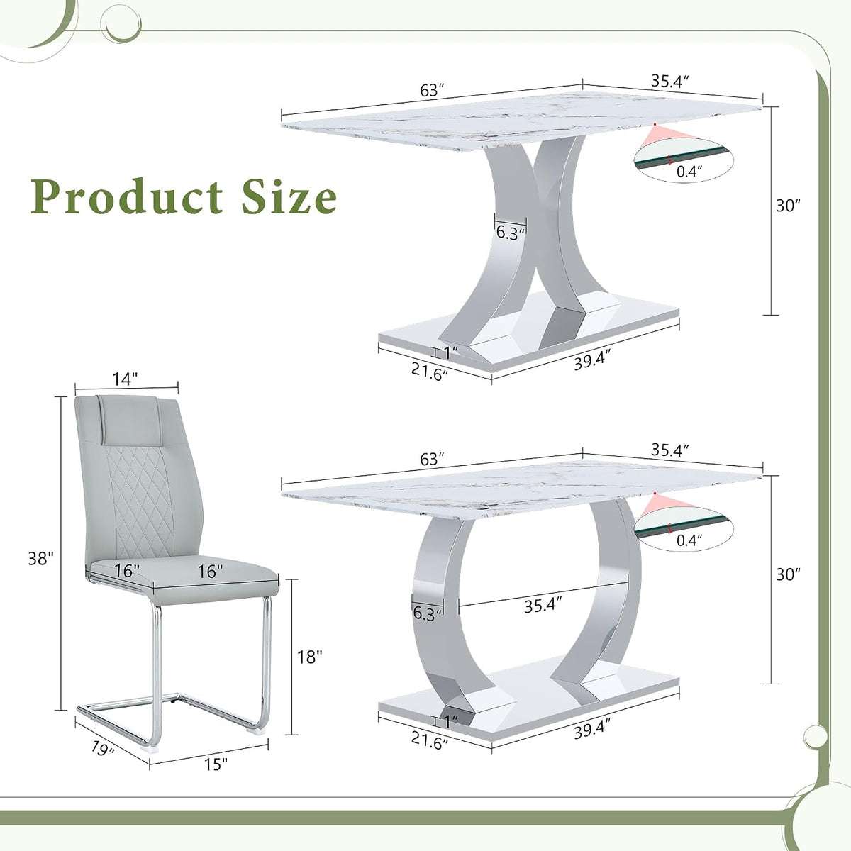 Modern Dining Table Set for 6,63'' Dining Room Table Set for 6 with Chairs,Rectangular Kitchen Table with Faux Marble Tabletop and DIY Chrome Legs,Glass Dining Table Set Ideal for Dining Room