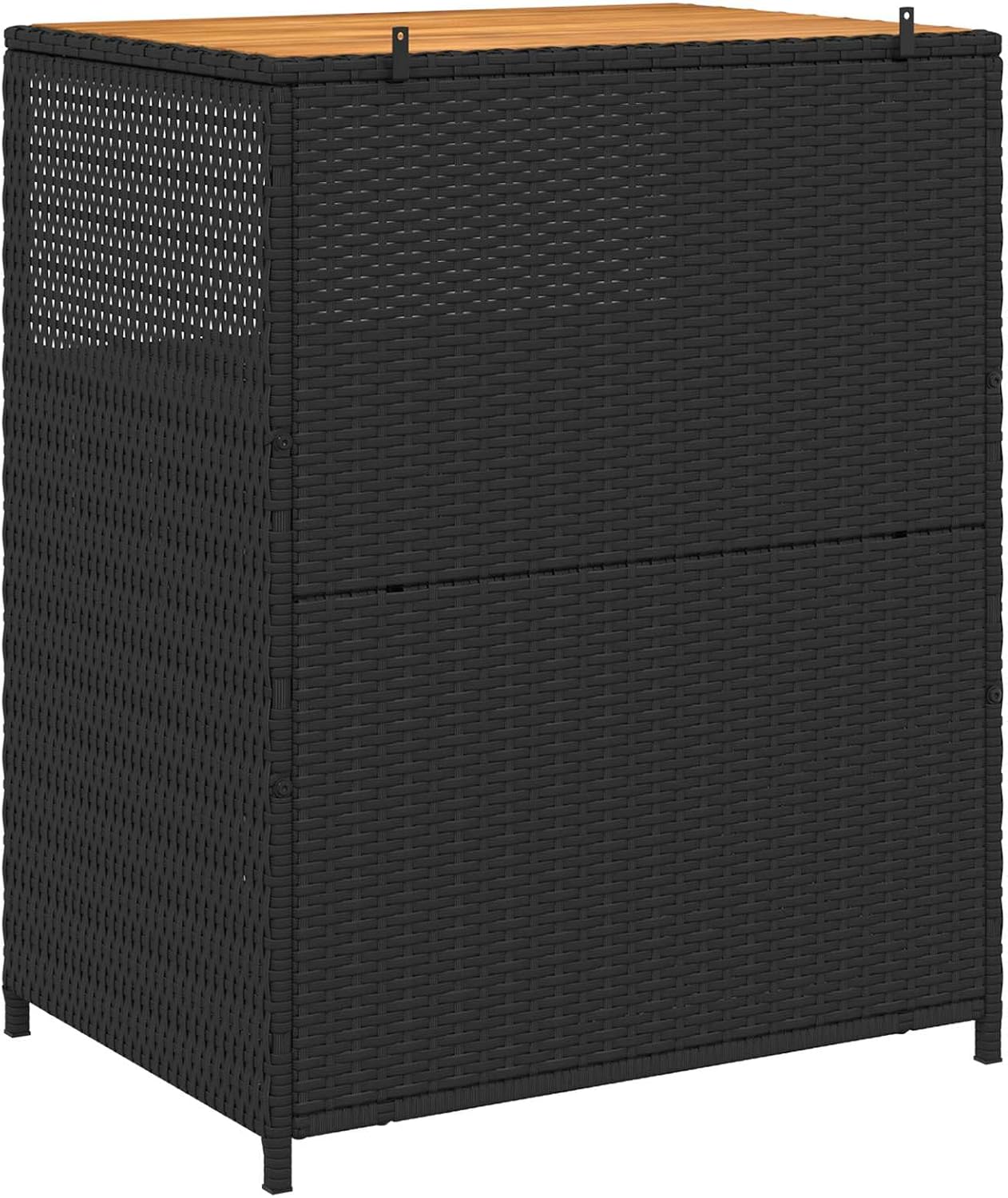 Outdoor Storage Cabinet with Acacia Wood Top, Black Poly Rattan Sideboard with 3 Shelves, Weather-Resistant Garden Organizer for Patio, Backyard, and Indoor Use 27.5 x 20 x 34 Inches