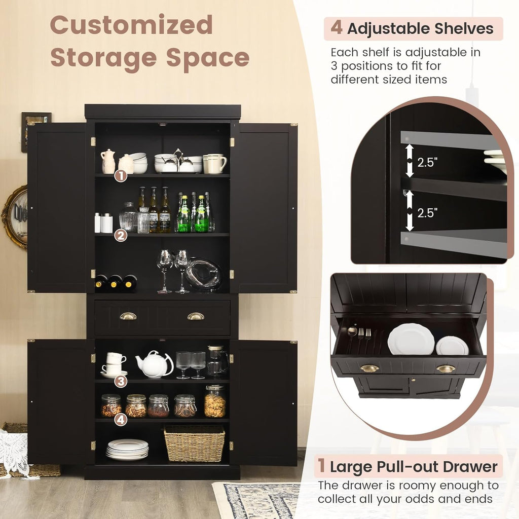 72" Kitchen Pantry Cabinet, Kitchen Cupboard with 2 Double-Doors Cabinet, Large Drawer, 4 Adjustable Shelves, Traditional Tall Storage Cabinets for Dining Room, Bathroom, Brown