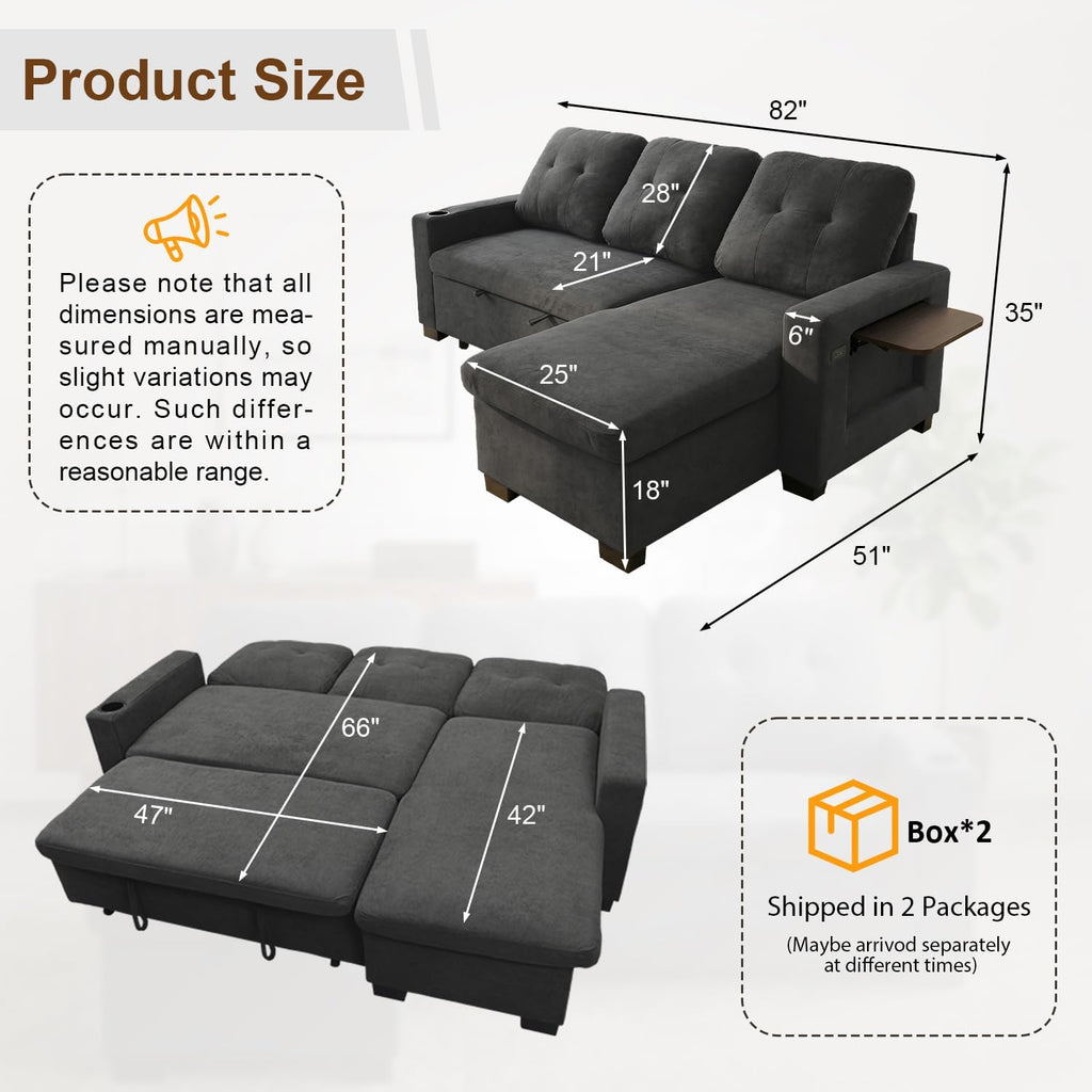 KCGKCG 82" L Shaped Sleeper Sofa Bed, Pull Out Couch Bed with Storage Chaise/Reclining Backrest, Sectional Couches for Living Room with USB Port, Foldable Table, Cup Holder, Side Pocket, Deep Grey