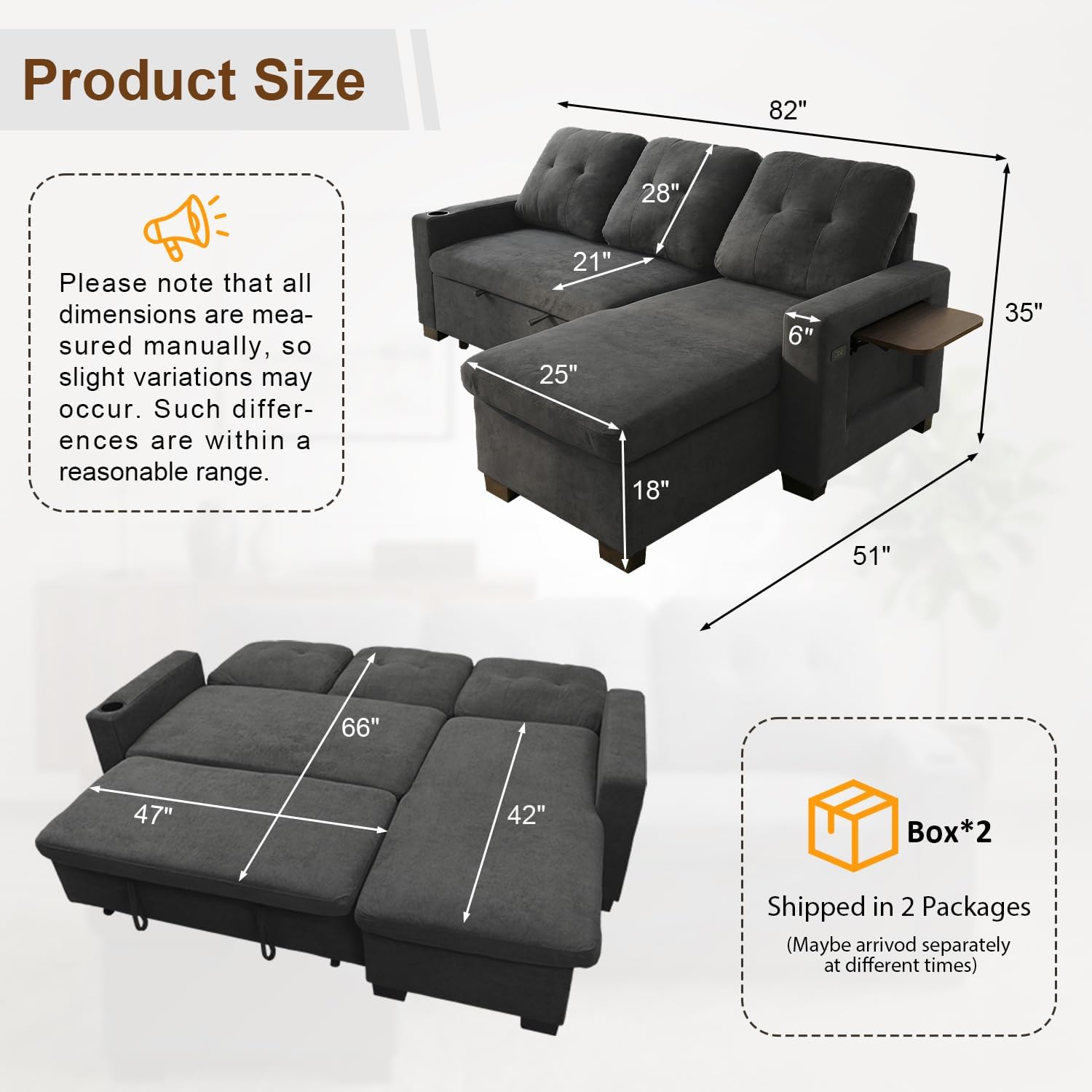 KCGKCG 82" L Shaped Sleeper Sofa Bed, Pull Out Couch Bed with Storage Chaise/Reclining Backrest, Sectional Couches for Living Room with USB Port, Foldable Table, Cup Holder, Side Pocket, Deep Grey