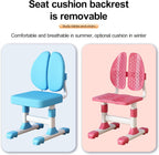 Kids Functional Desk and Chair Set, Height Adjustable Children School Study Table Chair Set with Astronaut Pattern, Ergonomic Desk Chair with Large Writing Board, Bookshelf and Drawer Pink