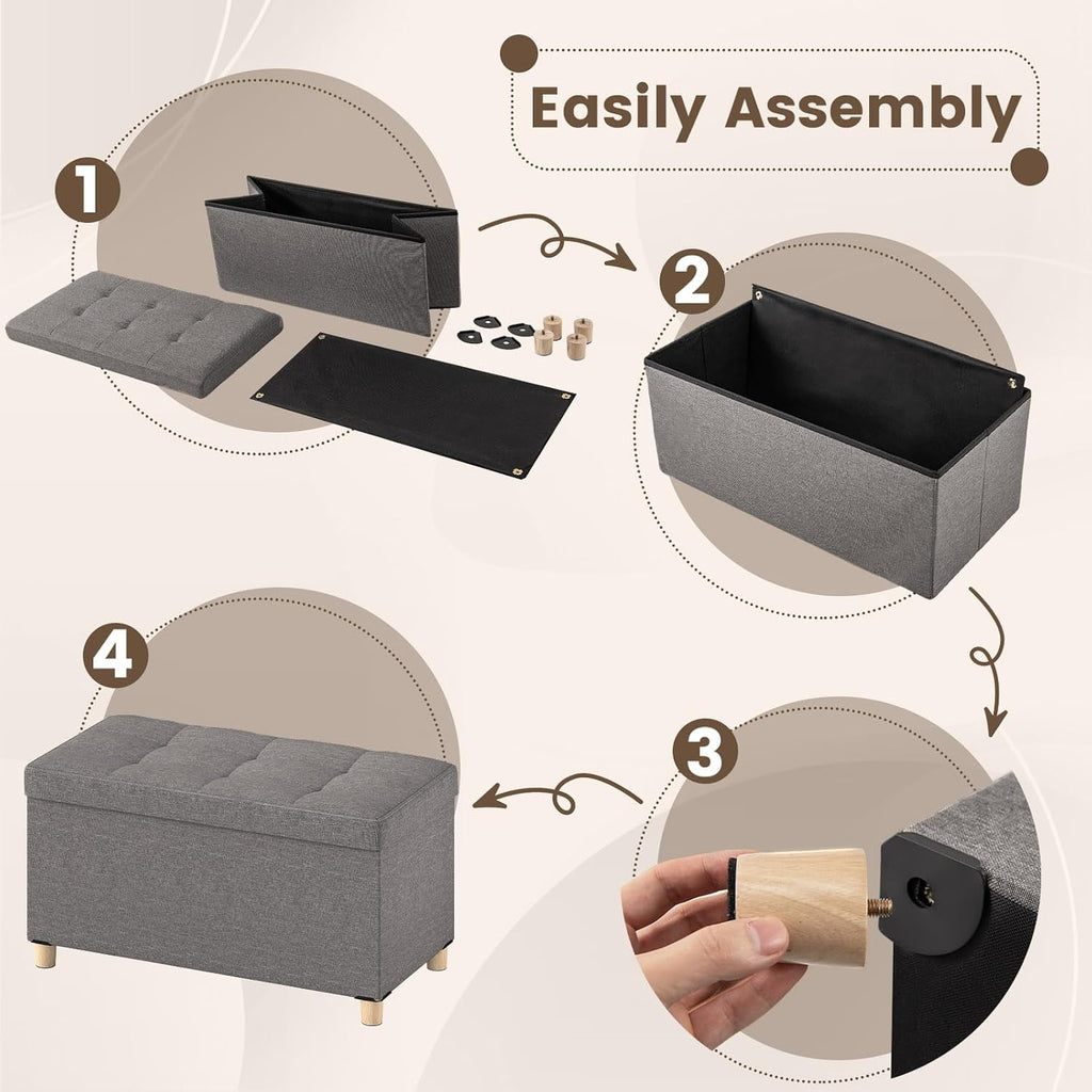 Giantex Storage Ottoman Bench with Tray Lid, Folding Linen Fabric Foot Stool with Elevated Wooden Legs, Multi-Functional Ottoman Foot Rest for Living Room Bedroom Entryway, 15 x 30 x 15.5 in