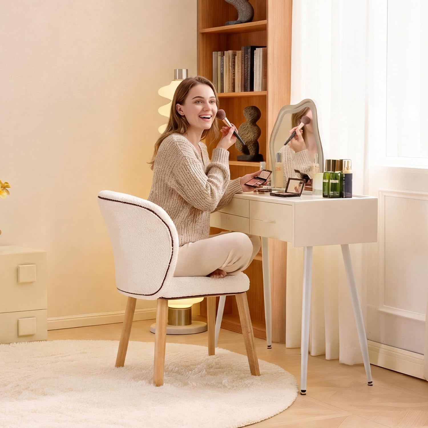 VINGLI Chenille Curved-Back Armless No Wheels Vanity Chair for Girls, Cute & Furry Upholstered Desk Chair with Solid Wood Legs for Study/Makeup/Bedroom/Dressing, Fluffy Makeup Chair for Teens, White