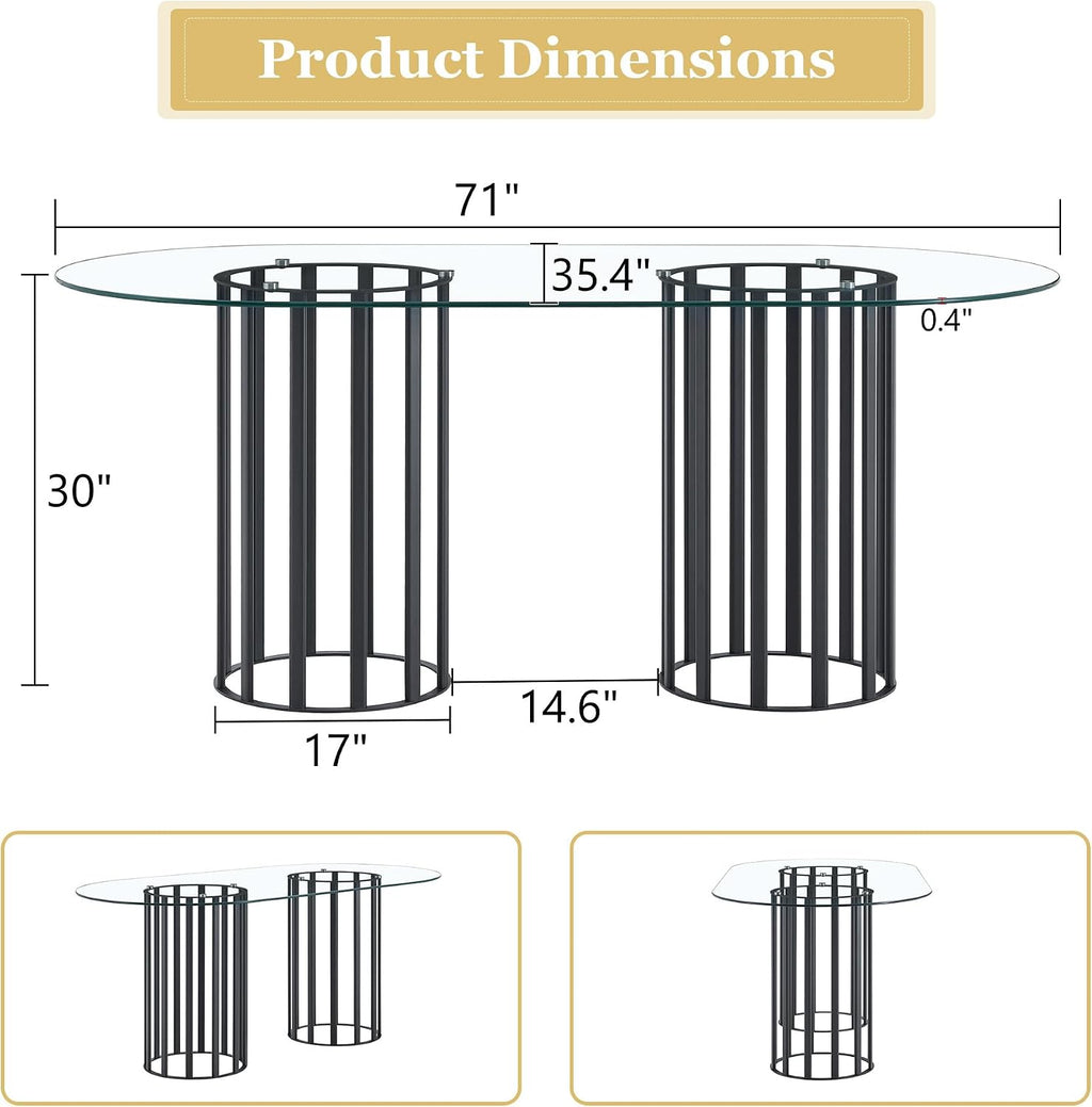 Oval Tempered Glass Dining Table for 4-8 People, 71'' Tall Kitchen Tables for Small Spaces, Modern Dinning Room Furniture, Metal Pillar Base, for Living Room, Kitchen, Dining Room, Black