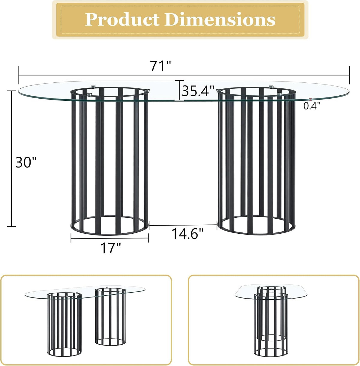 Oval Tempered Glass Dining Table for 4-8 People, 71'' Tall Kitchen Tables for Small Spaces, Modern Dinning Room Furniture, Metal Pillar Base, for Living Room, Kitchen, Dining Room, Black