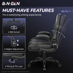 N-GEN Gaming Gaming Chair, Lumbar, PU Leather, Flip-Up Arms, Jet Black | Ergonomic High-Back Design, Adjustable Height with 360° Swivel Wheels, Comfortable Computer Desk Seating for Office and Home