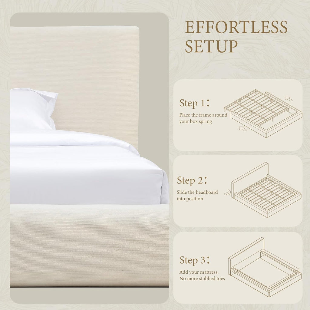 XIAO WEI King Cloud Bed Frame, Upholstered Platform Bed Frame with Headboard, 5.9" Thick Fully Padded Frame, White Ribbed Chenille Fabric, Noise-Free, No Box Spring Required, Easy Assembly
