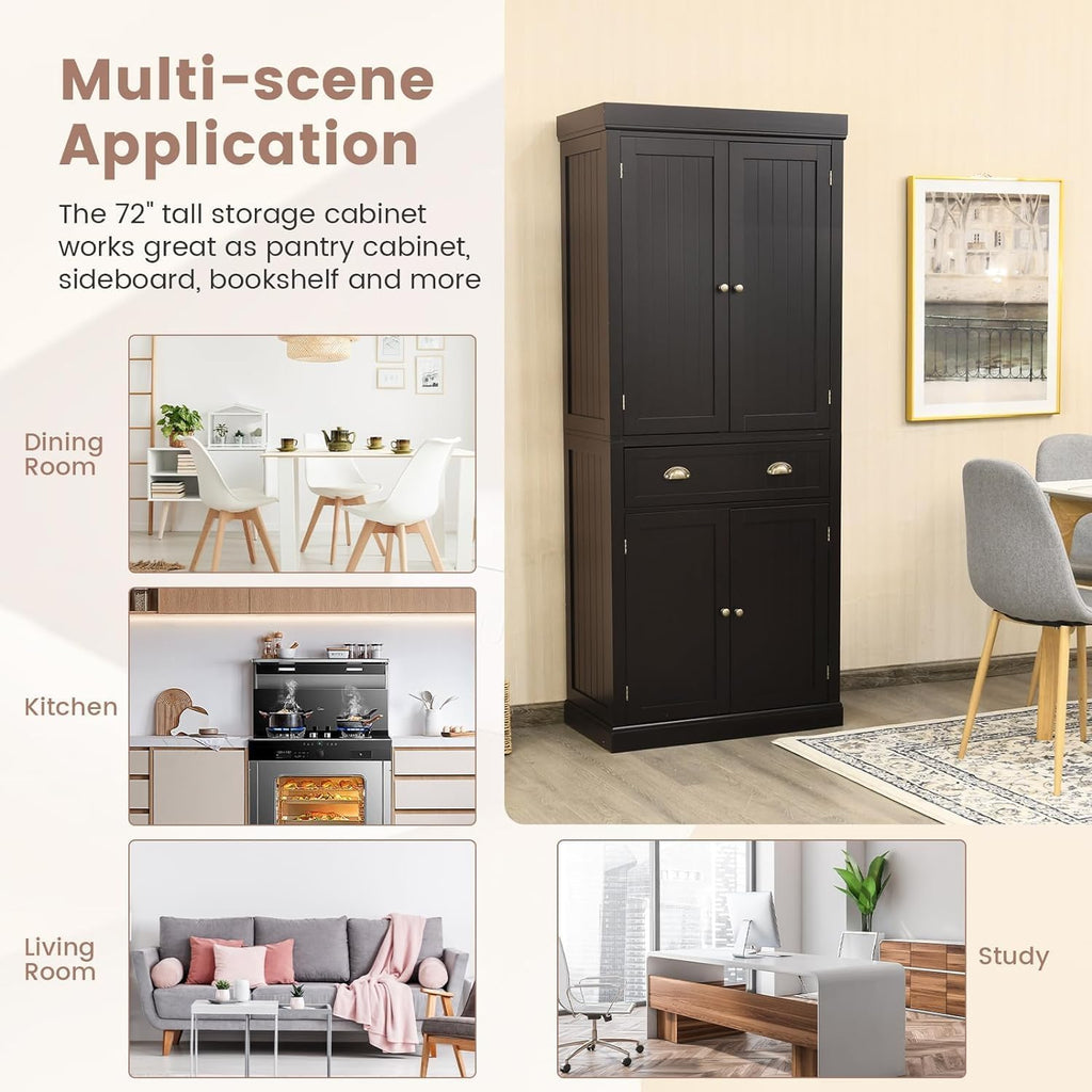 DORTALA 72” Tall Kitchen Pantry Cabinet, Wood Storage Cupboard w/ 4 Adjustable Shelves, 2 Cabinets & Drawer, Utility Freestanding Storage Cabinet for Kitchen, Hallway, Living Room, Brown