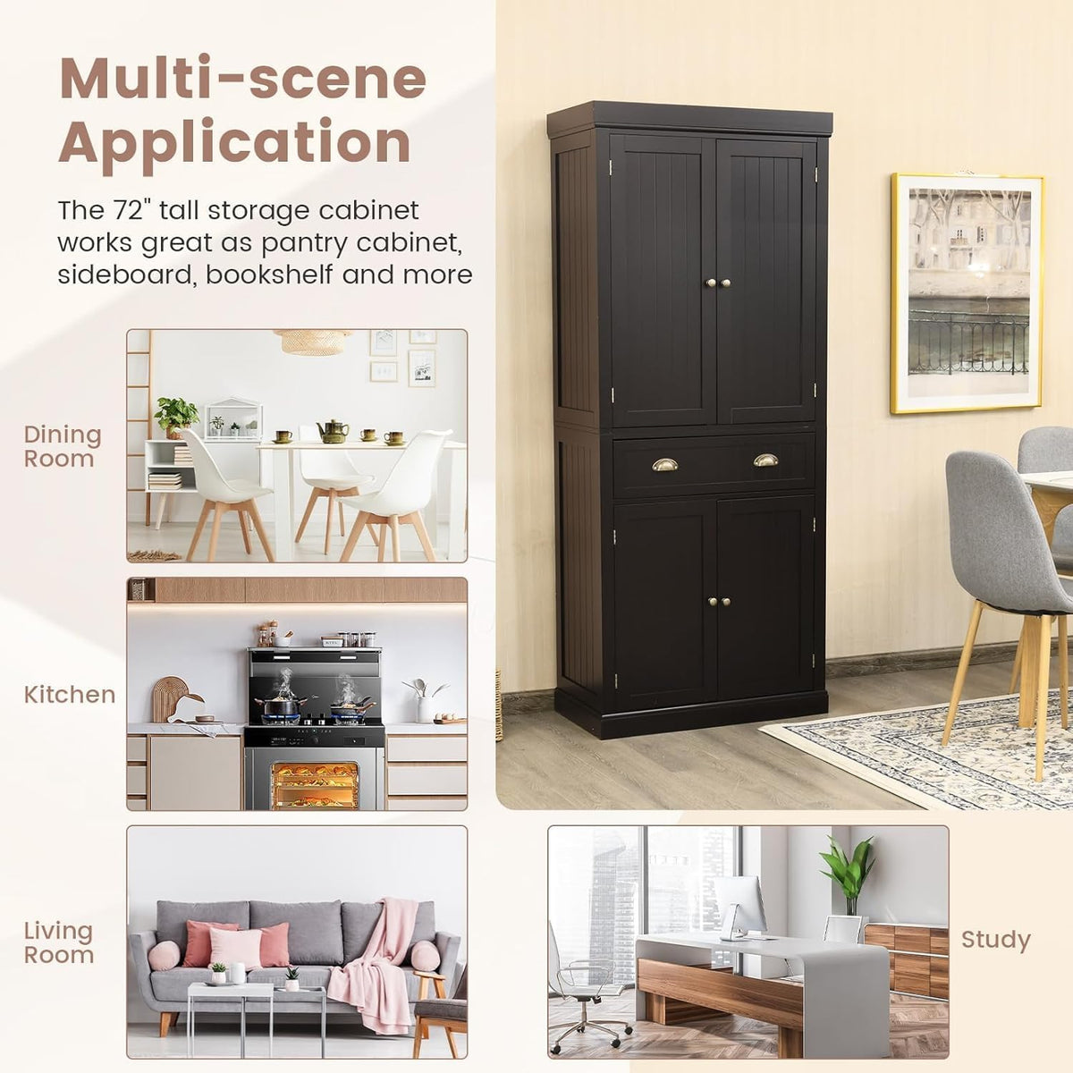 DORTALA 72” Tall Kitchen Pantry Cabinet, Wood Storage Cupboard w/ 4 Adjustable Shelves, 2 Cabinets & Drawer, Utility Freestanding Storage Cabinet for Kitchen, Hallway, Living Room, Brown