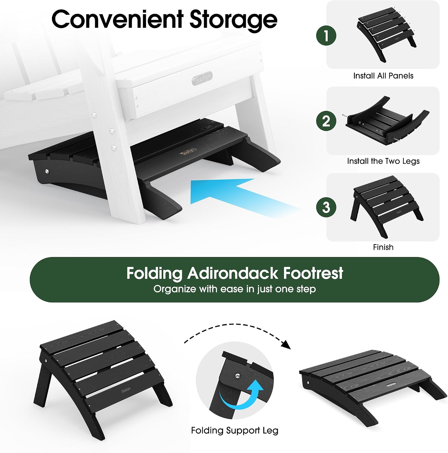 Adirondack Ottoman Footrest for Adirondack Chair, All-Weather HDPE Outdoor Foot Stool, Folding Patio Ottoman for Lawn, Garden, Deck, Backyard, Black