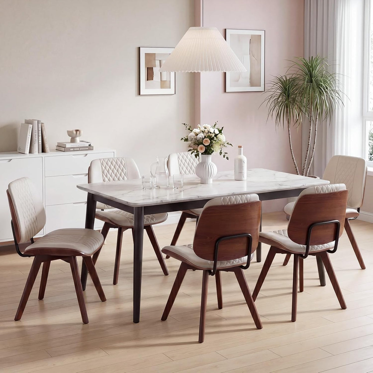 BV Dining Chairs Set of 2, PU Leather Armless Kitchen Chair in Modern Walnut Style, Mid Century Bentwood Side Chair with Wood Legs, Retro Accent Guest Chair for Kitchen Dining Room(Beige)