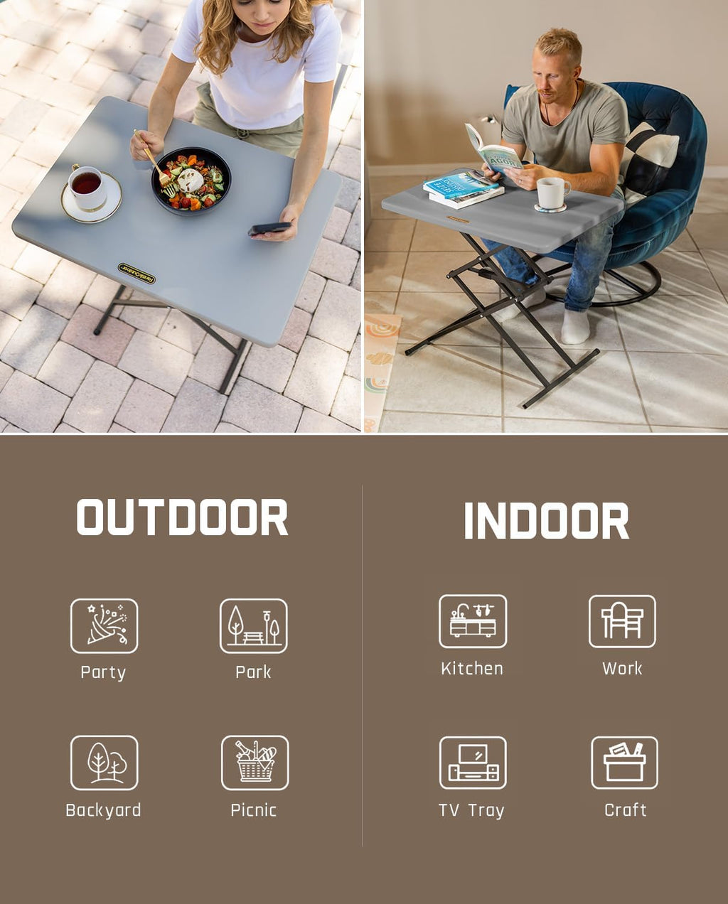 FanttikOutdoor Small Folding Table Quick Adjust 3 Heights, TV Tray, Dining | 2-Second One-Handed Adjustable Height, Foldable Laptop Desk, 3.2" Folded, No Assembly, 28 inch, 1 Pack, Grey Zeta X1 Pro