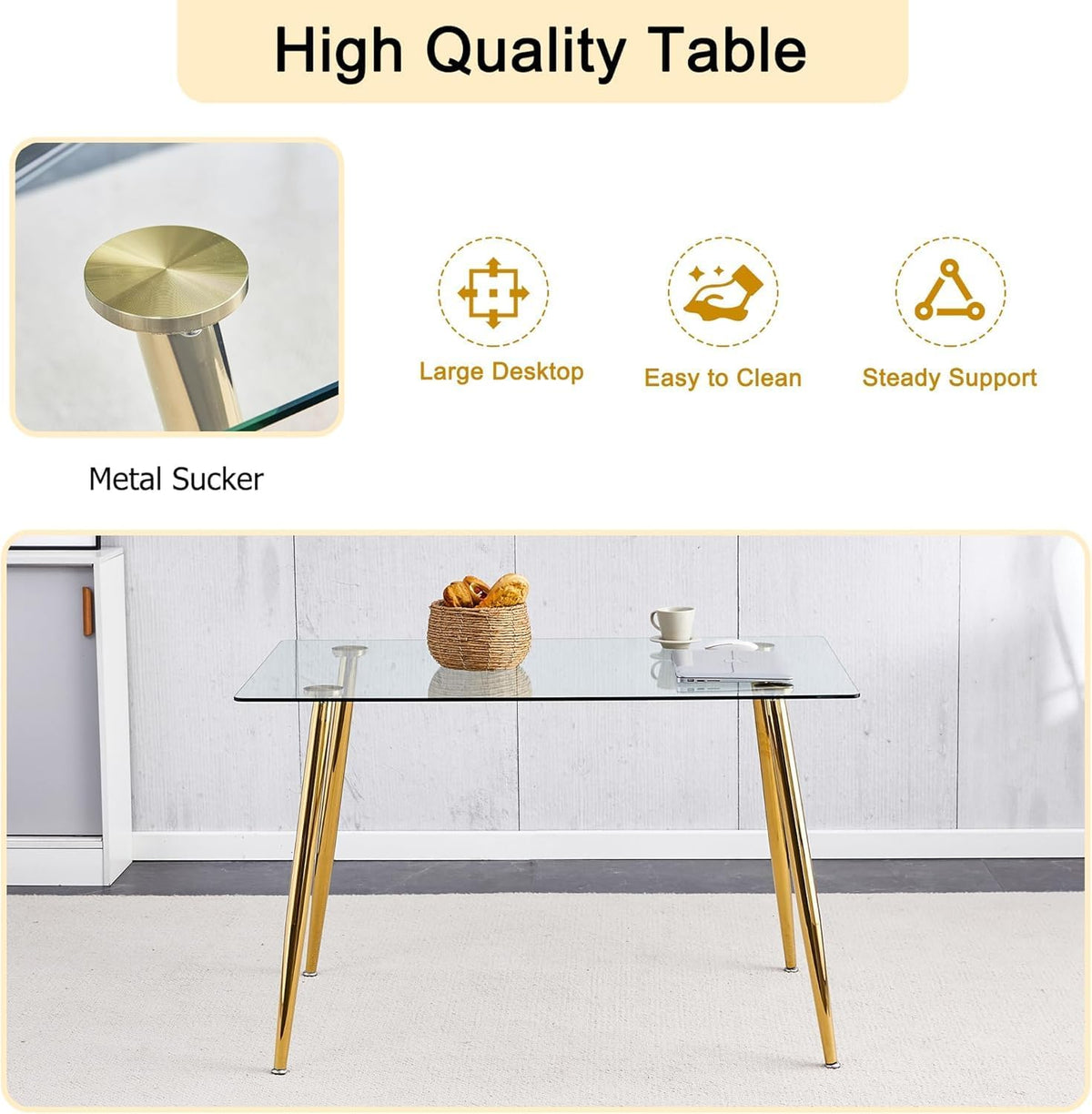 Modern Gold Glass Dining Table Set for 4, 51'' Clear Glass Top Rectangular Dinner Room Table Set, 5 PCS Luxury Kitchen Table Set, Black Woven Chair for Kitchen Apartment Living Room