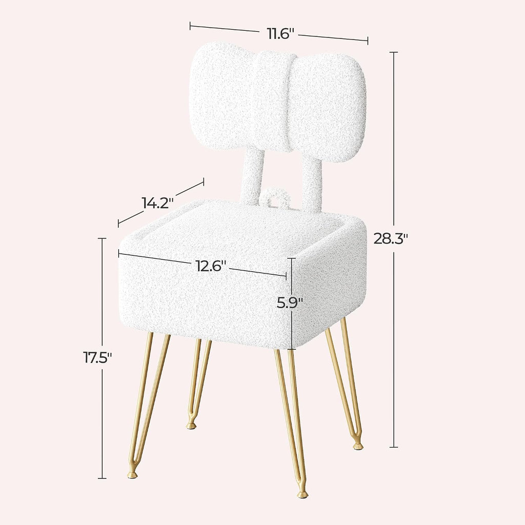 Small Vanity Chair with Storage, Vanity Stool with Folding Back, Chair for Vanity, Footrest Footstool Ottoman, Teddy Fleece Vanity Stool for Makeup, Bedroom, Living Room, White