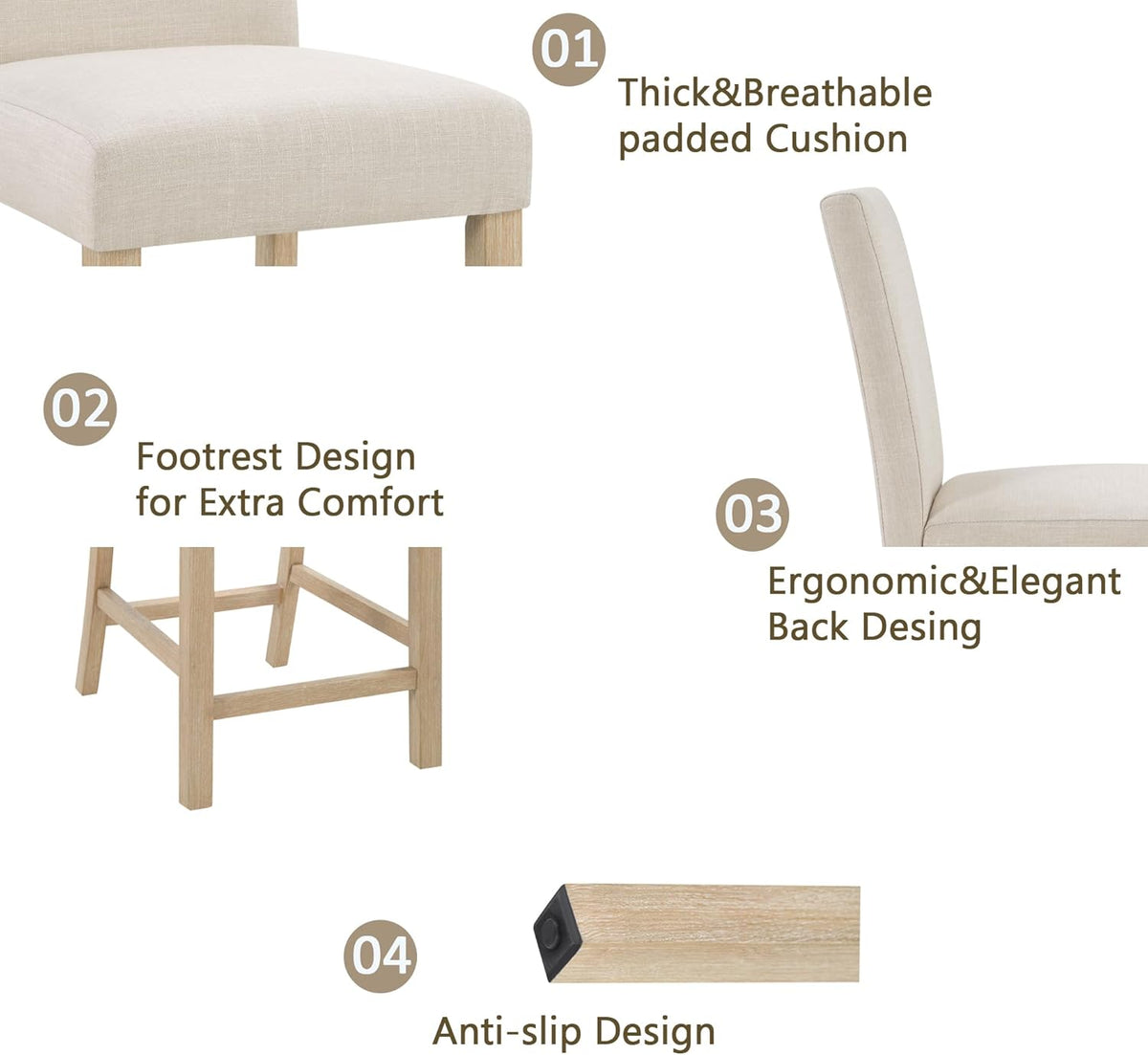 RuiSiSi 5-Piece Counter Height Dining Table Set, Square Dining Table White with 4 Upholstered Chairs, Solid Wood Kitchen Table and Chairs Set for Kitchen, Light Oak + Beige