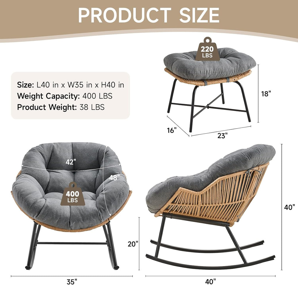 ONBRILL Papasan Rocking Chair with Ottoman,Oversized Papasan Chair with Padded Cushion, Indoor & Outdoor Rocker Chair for Living Room, Patio, Garden, Light Gray
