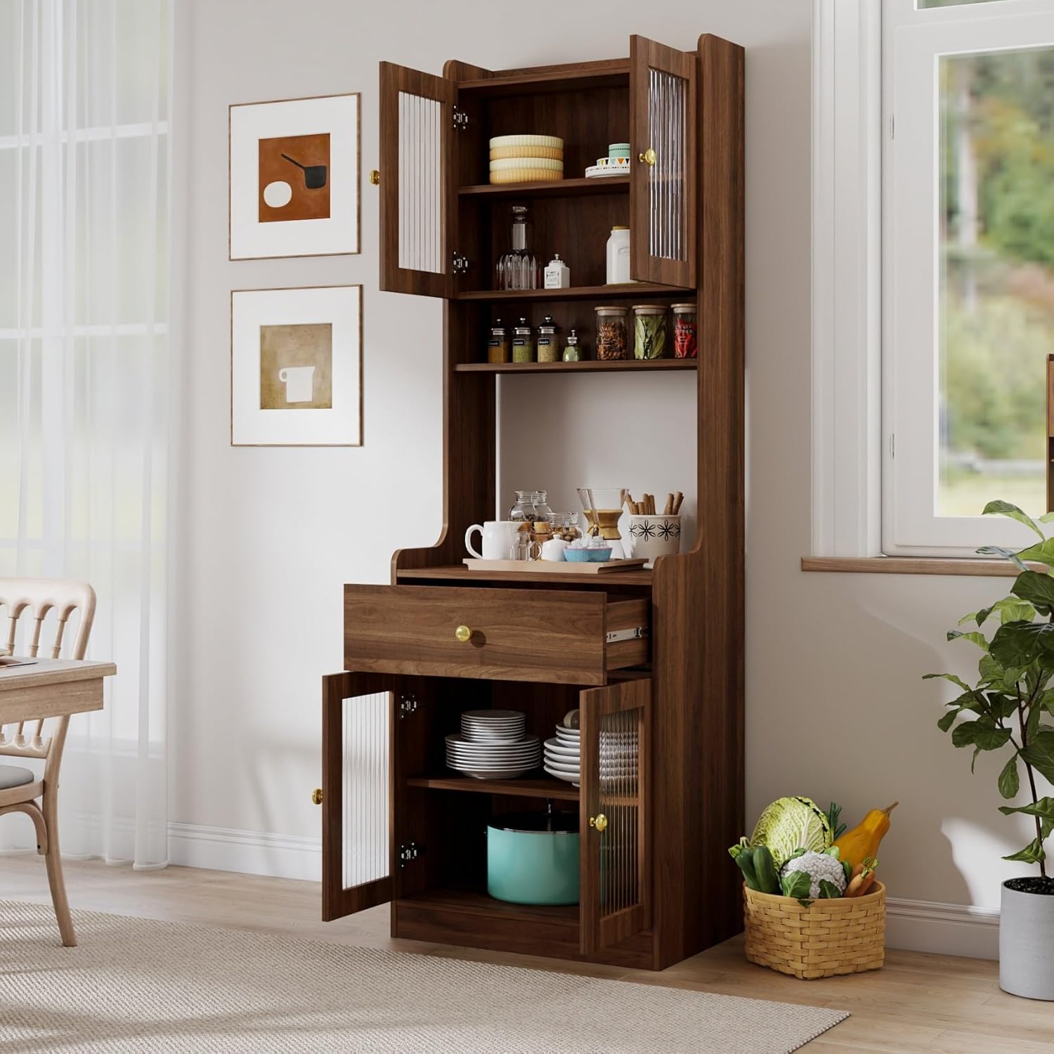 KEIKI 70.87" Tall Kitchen Pantry Storage Cabinet with Countertop, Glass Doors, Drawers, Microwave Stand and Shelves, Freestanding Wood Hutch Food Pantries Buffet Cupboard for Coffee Bar, Dining Room
