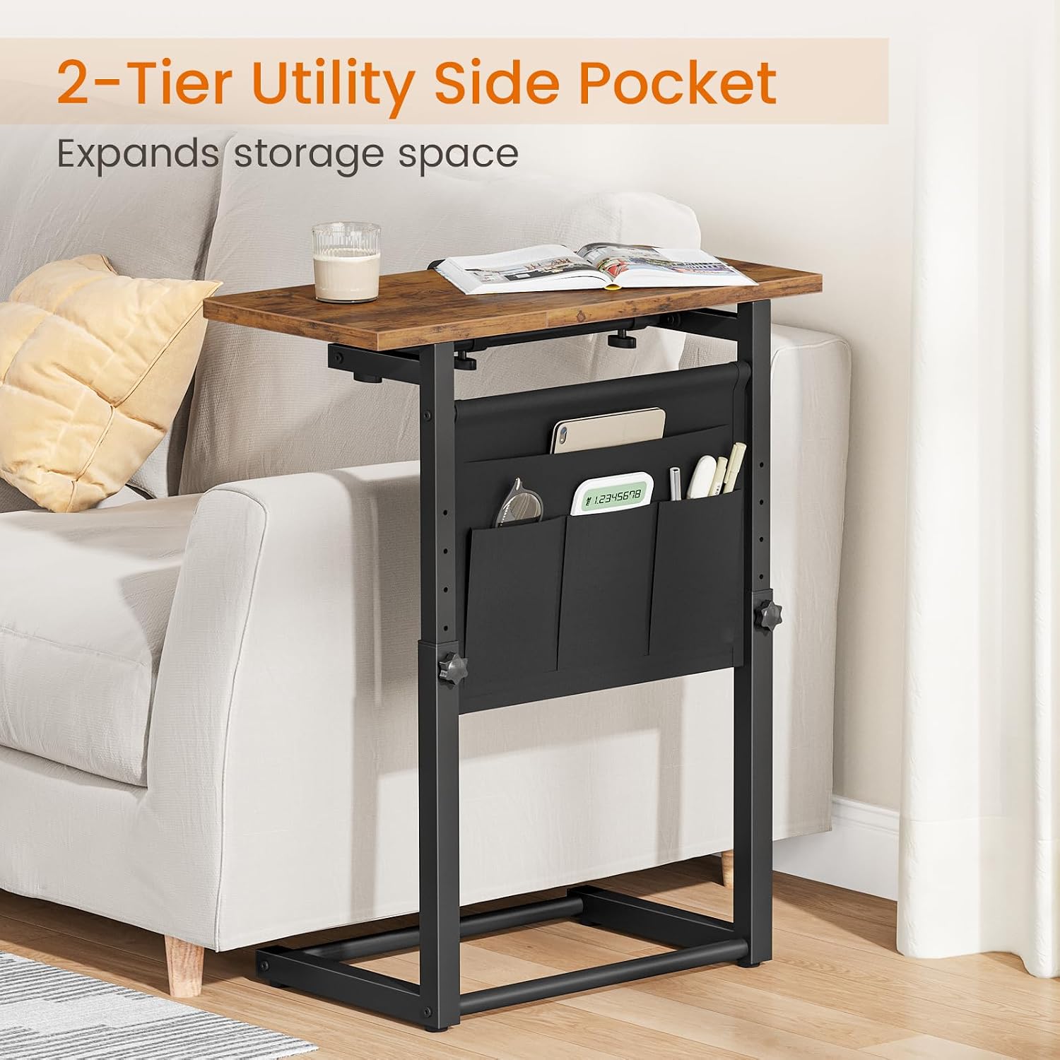 Giikin TV Tray Table, 23.6" Extra Large Side Table, Adjustable Height TV Trays for Eating on Couch, 90° Tilt Angle Foldable C-Shaped End Table with Storage for Small Spaces Sofa Bed Dinner