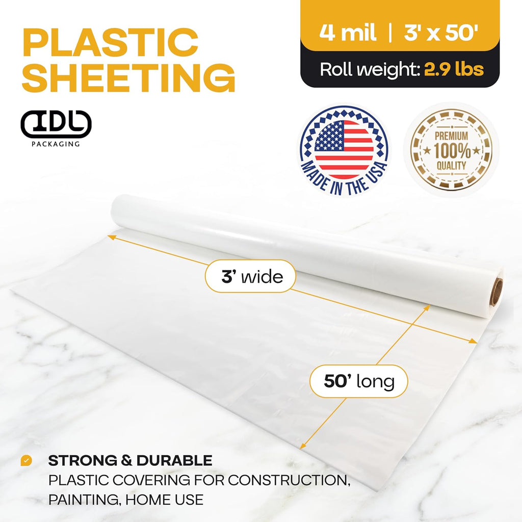 Plastic Sheeting 4 mil, 3' x 50' (150 sq. ft.) - Thick Semi-Clear Plastic Sheeting for Painting & Construction & Home Use - Heavy Duty LDPE Film Roll - Plastic Sheet for Drop Cloth by IDL Packaging
