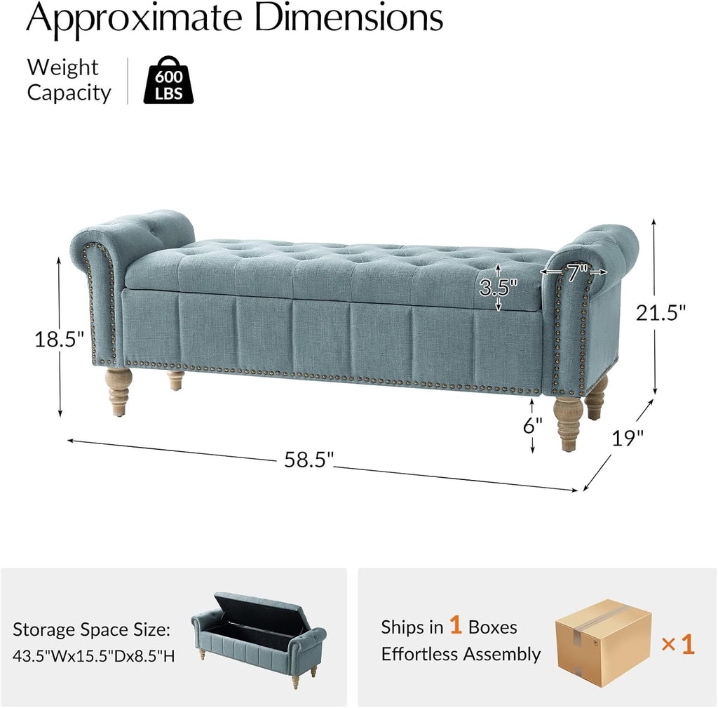 HULALA HOME Farmhouse Storage Bench, Blue | End of Bed Bench with Vintage Button-Tufted Design, Bedroom Bench with Storage for Bedroom, Entryway, Living Room