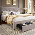 GarveeLife King Size Velvet Upholstered Bed Frame, 2 Storage Drawers with Smooth Casters, Button Tufted Rivets Headboard, Wooden Slat Support, Noise Free & No Box Spring Needed, Beige Bedroom Bed