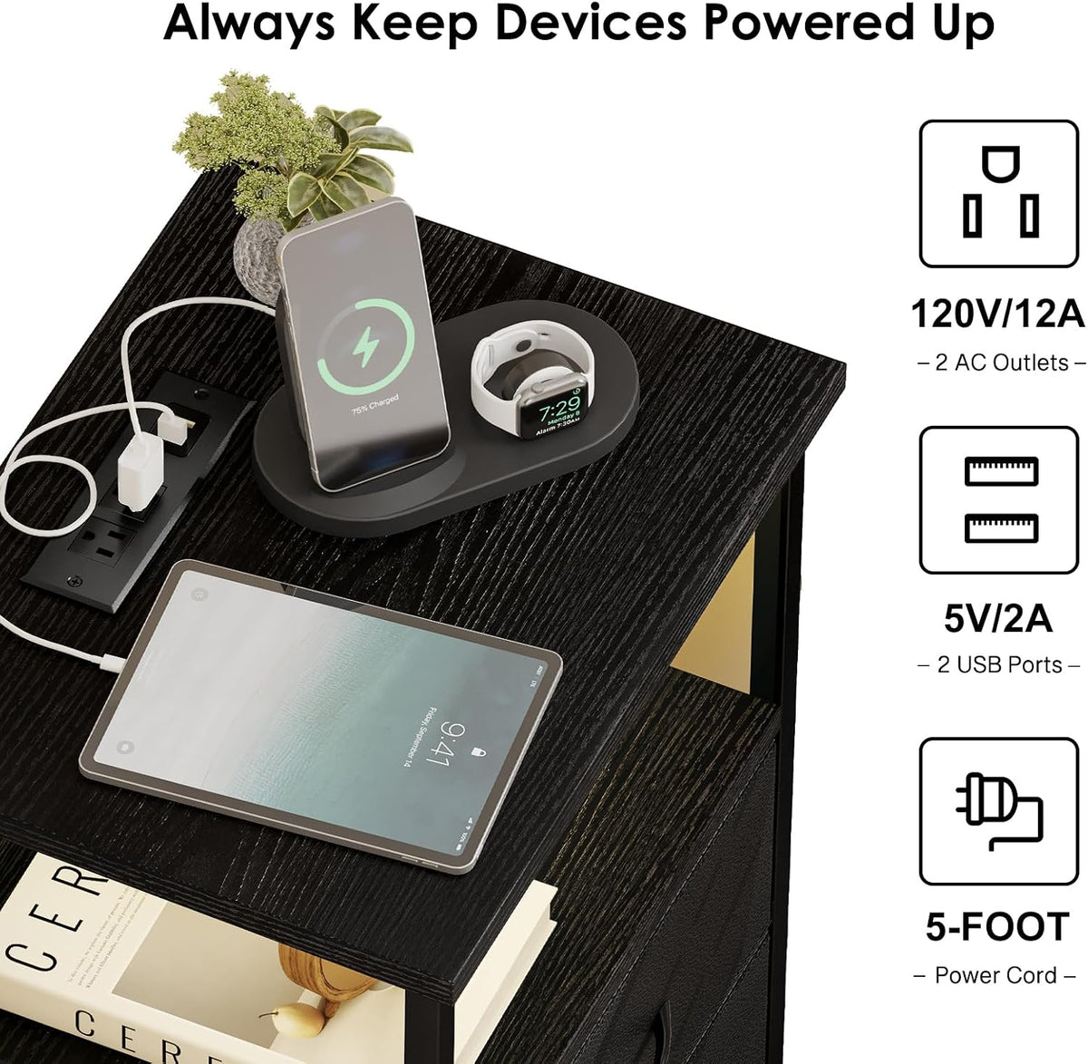 Fixwal Night Stand with Charging Station (2 AC Outlets & 2 U-S-B Ports) LED Nightstand Small Dorm Room Furniture, 2 Fabric Storage Drawers, Bedside Table End Tables Bedroom, Modern Black