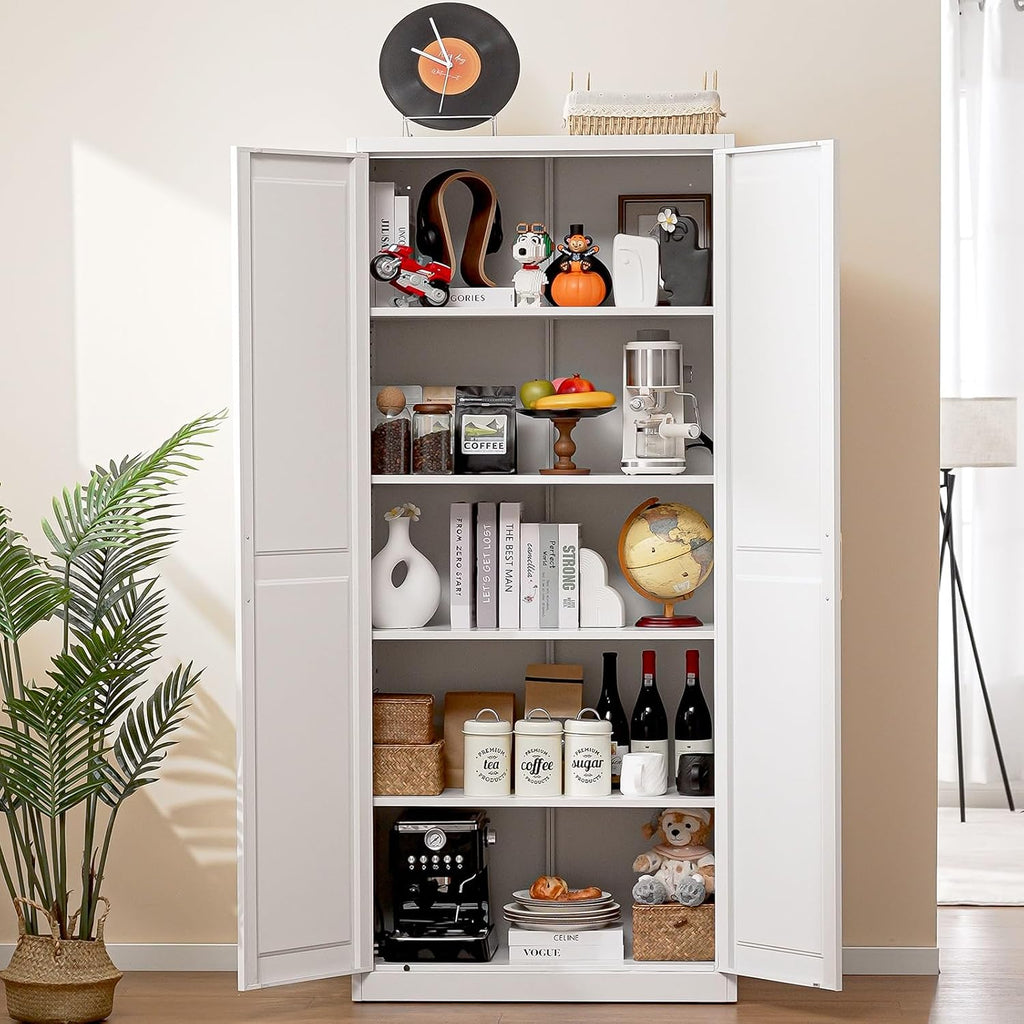 71"Tall Metal Kitchen Pantry Storage Cabinet with Doors& 4 Shelves | White Pantry Cabinet, Utility Kitchen Cupboard, Large Food Storage Cabinets, Steel Locker for Dining, Office, Living Room