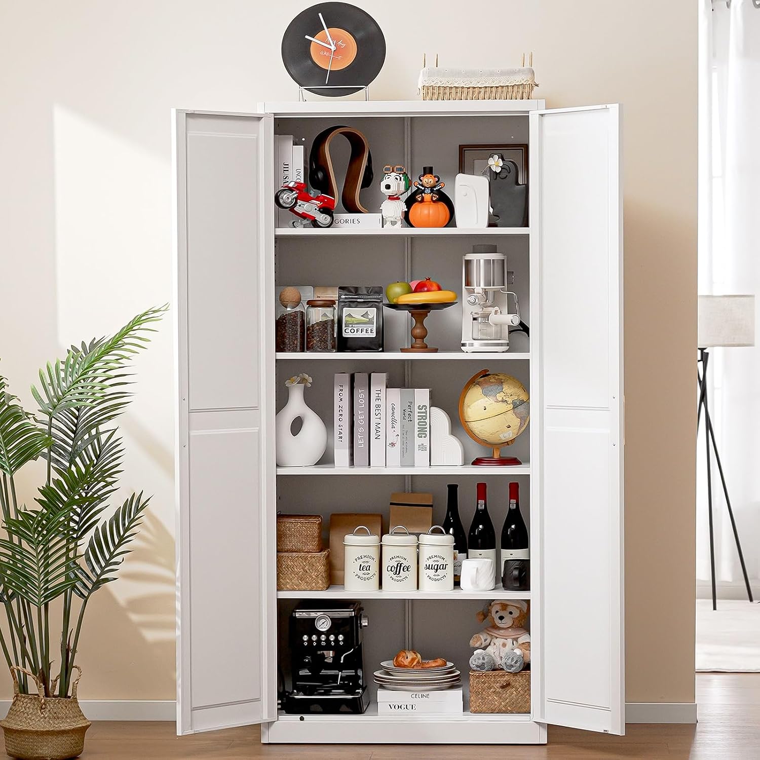 71"Tall Metal Kitchen Pantry Storage Cabinet with Doors& 4 Shelves | White Pantry Cabinet, Utility Kitchen Cupboard, Large Food Storage Cabinets, Steel Locker for Dining, Office, Living Room