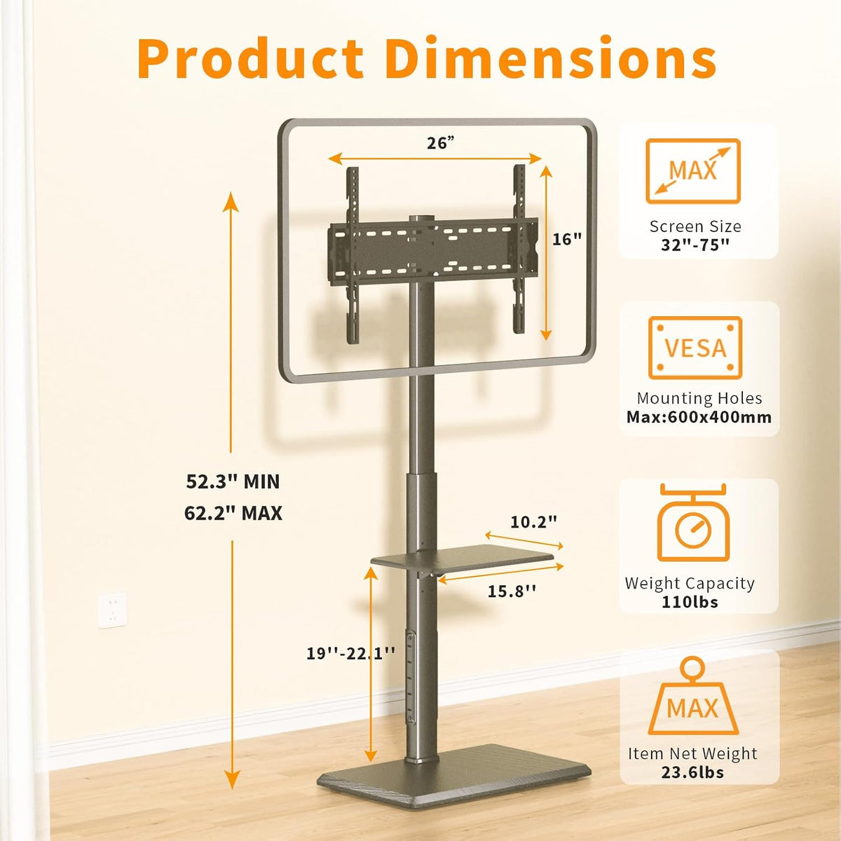 TV Floor Stand with Power Outlet & Removable Shelf for 32-75 Inch TVs | 110 lbs Capacity | ±30° Swivel | Height Adjustable | Cable Management | Safety Lock | Ideal for Living Room, Bedroom, Office
