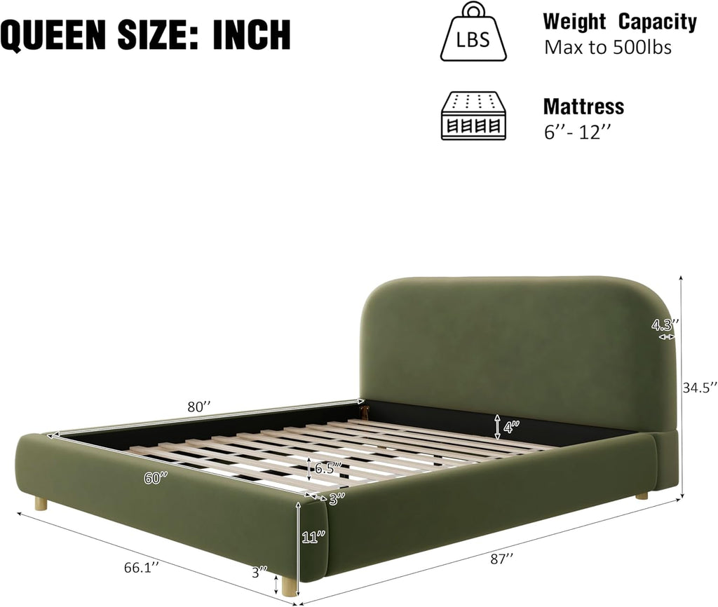 Merax Queen Velvet Fabric Platform Bed with Curved Headboard, Olive Green