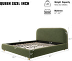 Merax Queen Velvet Fabric Platform Bed with Curved Headboard, Olive Green