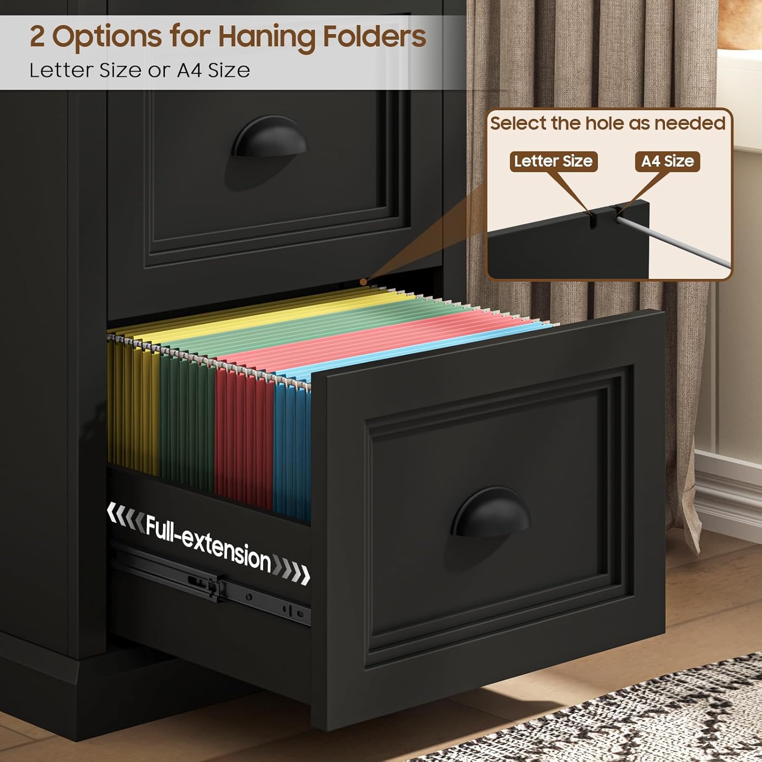 Halitaa Vertical File Cabinet, Filing Cabinet with 2 File Drawers, Farmhouse Small File Cabinet Fits Letter/A4 Size, Wooden Printer Stand, Under Desk Cabinets for Home Office, Black