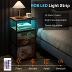 ALBAD Nightstand with Charging Station and LED Lights, Brown Flower Drawers | End Table with USB Ports and Outlets, 2 Fabric Drawers and Open Top Shelf, for Bedroom Bedside, Living Room, Dorm