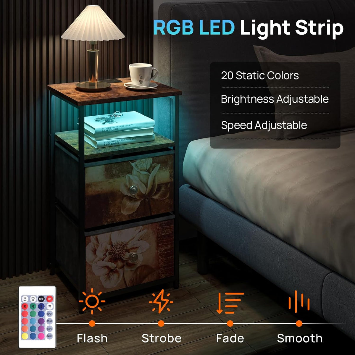 ALBAD Nightstand with Charging Station and LED Lights, Brown Flower Drawers | End Table with USB Ports and Outlets, 2 Fabric Drawers and Open Top Shelf, for Bedroom Bedside, Living Room, Dorm