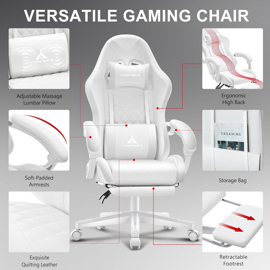 White Gaming Chair,Ergonomic Massage Office Desk Chair with Footrest | Pocket Spring Cushion,Reclining,Thick High Back,Headrest and Lumbar Support,Adjustable Leather Computer Chair Gamer Chair