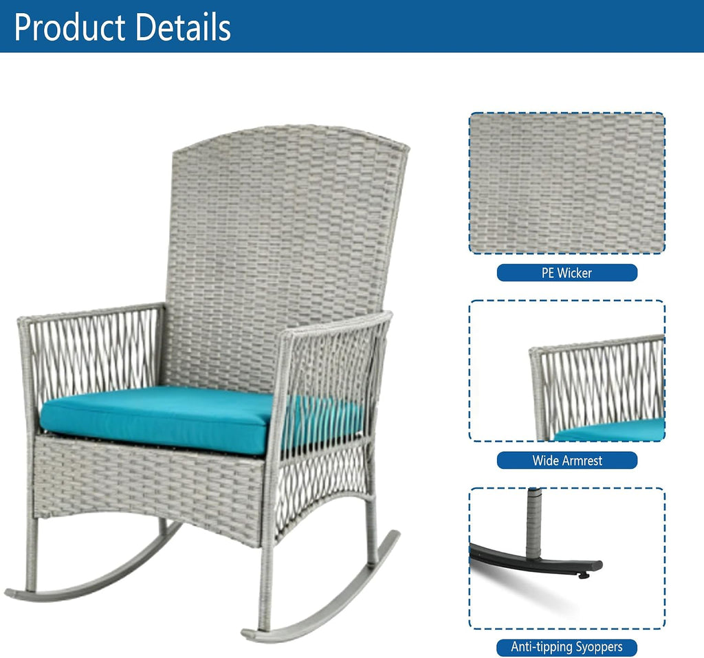 DECMICO Outdoor Rattan Wicker Rocking Chair, 3 Pieces Patio Conversation Furniture Bistro Sets with Side Table and Cushions for Porch Garden and Balcony