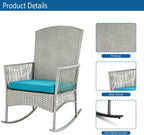 DECMICO Outdoor Rattan Wicker Rocking Chair, 3 Pieces Patio Conversation Furniture Bistro Sets with Side Table and Cushions for Porch Garden and Balcony