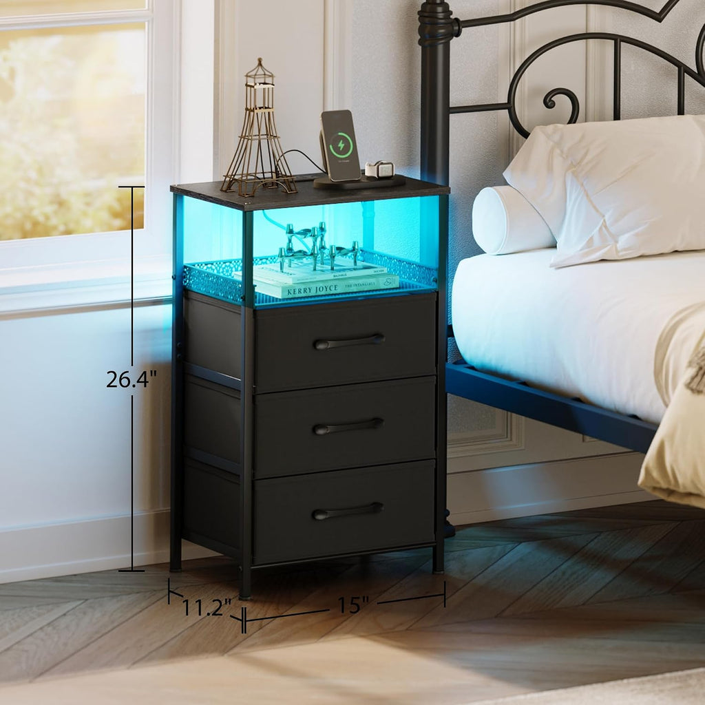 JARHETUN Night Stand Set 2 with Charging Station, 3 Drawer Nightstands with LED Lights, End Table with Outlets and USB Ports, Side Table with Open Shelf, Bedside Tables for Bedroom, Black