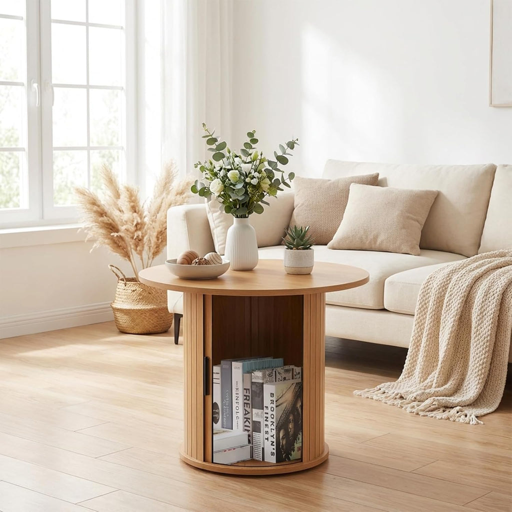 Modern Walnut End Table with Storage - Fluted Design Living Room Accent Table, Tall Bedside Nightstand & Sofa Side Table for Small Spaces, Dark Wood Finish (23.6" Wide, Natural)